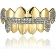 thumbnail image 1 of Gold Iced Out Cz Top and Bottom Vampire Fangs Grillz for Your Teeth Hip Hop, 1 of 5