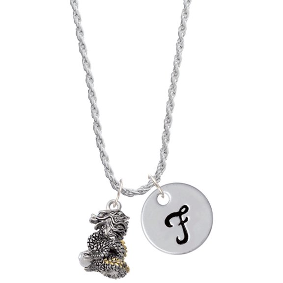 Delight Jewelry Two-tone Dragon with Crystals Silvertone Script Initial Disc - F - Charm Necklace, 20"+3"