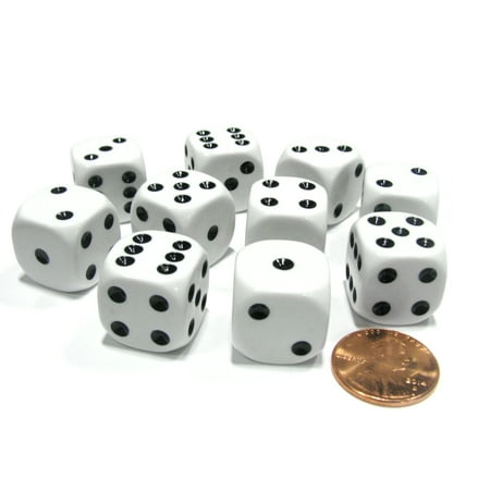Pattern Block Dice Set - Koplow Games Set of 10 Six Sided Round Corner Opaque 16mm D6 Dice - White with Black Pip #11477