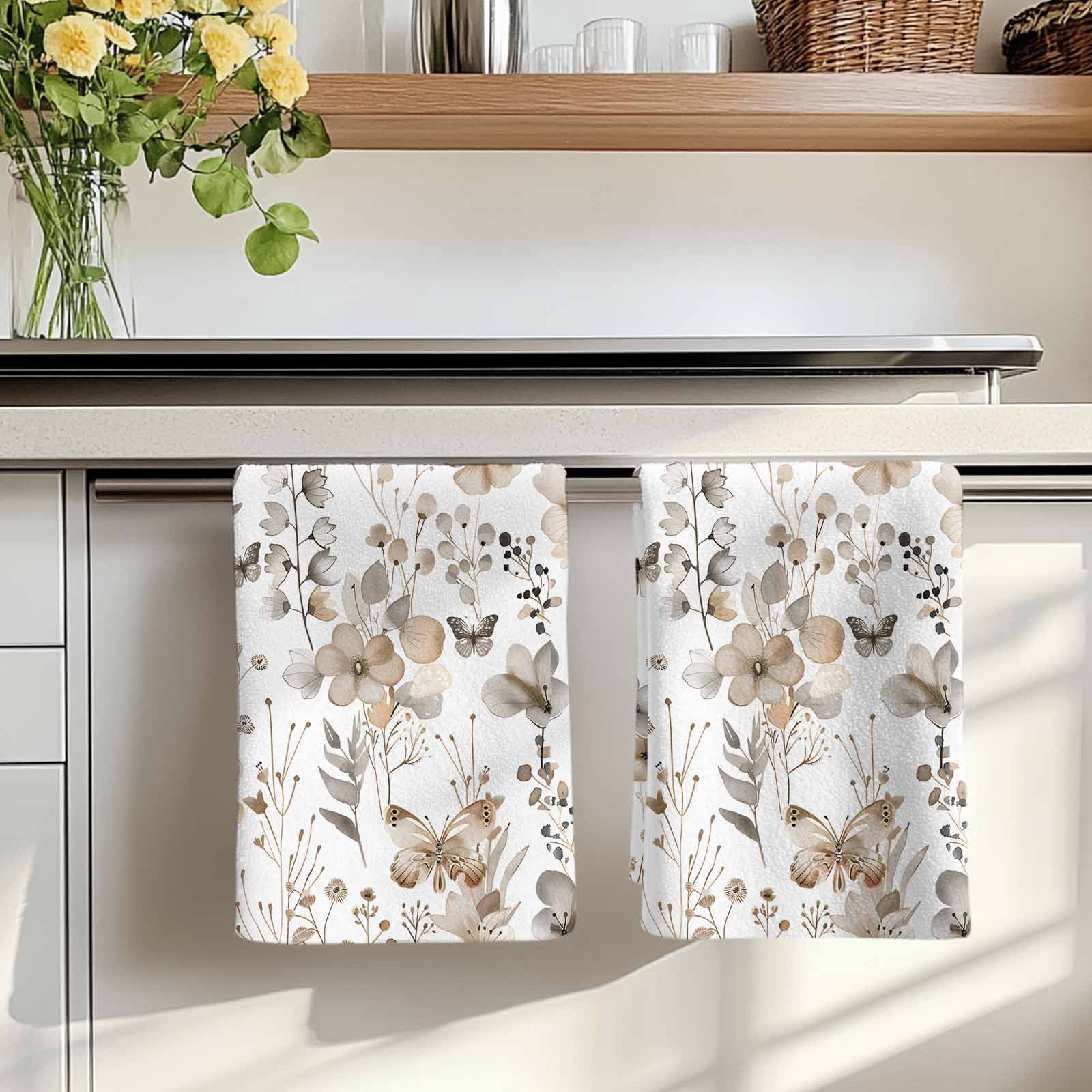 Brown Grey Floral Spring Kitchen Towels Set of 2, Watercolor Botanical Butterfly Absorbent Dish Towels for Kitchen, Microfiber Hand Towel, Quick Drying Tea Towel for Cleaning Decorative Dishcloths