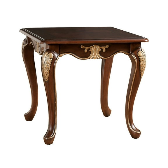 Saili Side End Table- Gold Carvings- 29 Inch- Cabriole- Tobacco Brown Wood