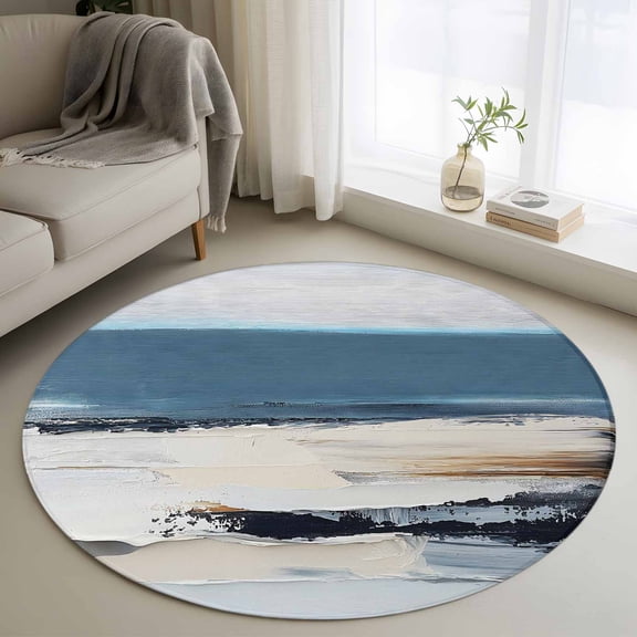 Round Rugs 3.3Ft, Blue Beige Black Round Area Rug Washable Indoor Throw Carpet, Modern Oil Painting Art Soft Non Slip Circle Rug for Laundry Room Patio Home Decor Aesthetic