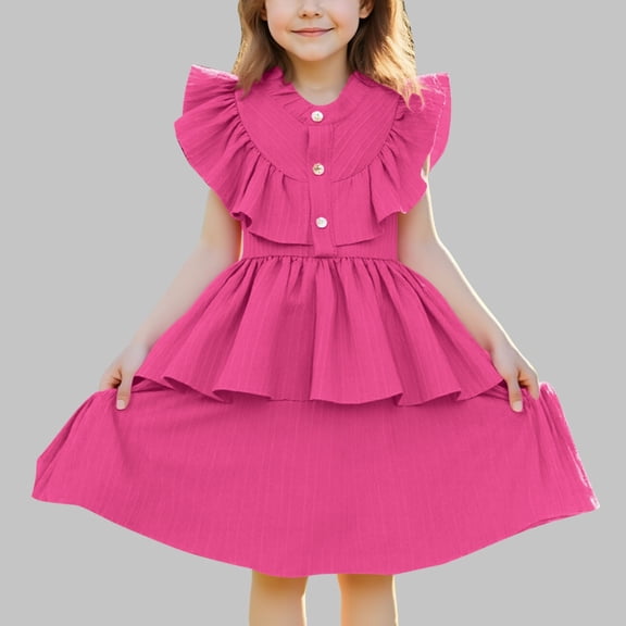 hengsof Girls Flutter Sleeve Dress Toddler Elegant Ruffle Button Down Casual Dresses