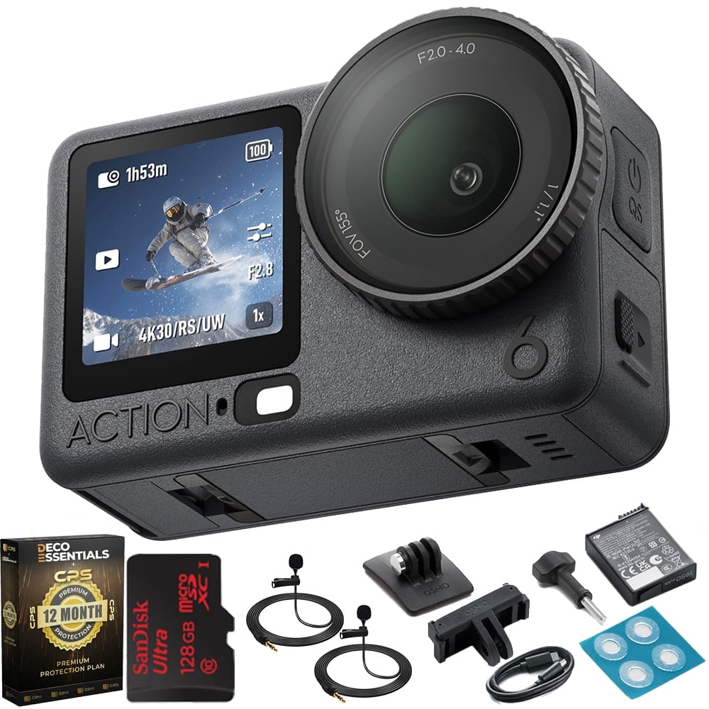 DJI Osmo Action 6 Standard Combo, 4K120fps, 1/1.1" Sensor, f/2-f/4, 4h Battery Bundle w/ Sandisk Ultra microSDXC 128GB Memory Card + 2xDeco Essentials Clip-On Mini Lapel Mic +12 Month Protection Pack