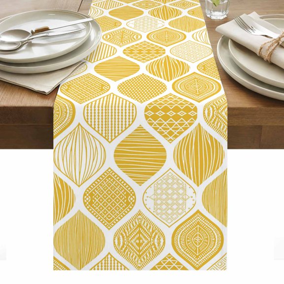 Yellow Geometric Table Runner - 70 Inch Long, Kitchen Dining Table Runner Dresser Scarves, Morocco Modern Abstract Plaid Art Farmhouse Decor for Coffee Tables Wedding Party Banquet