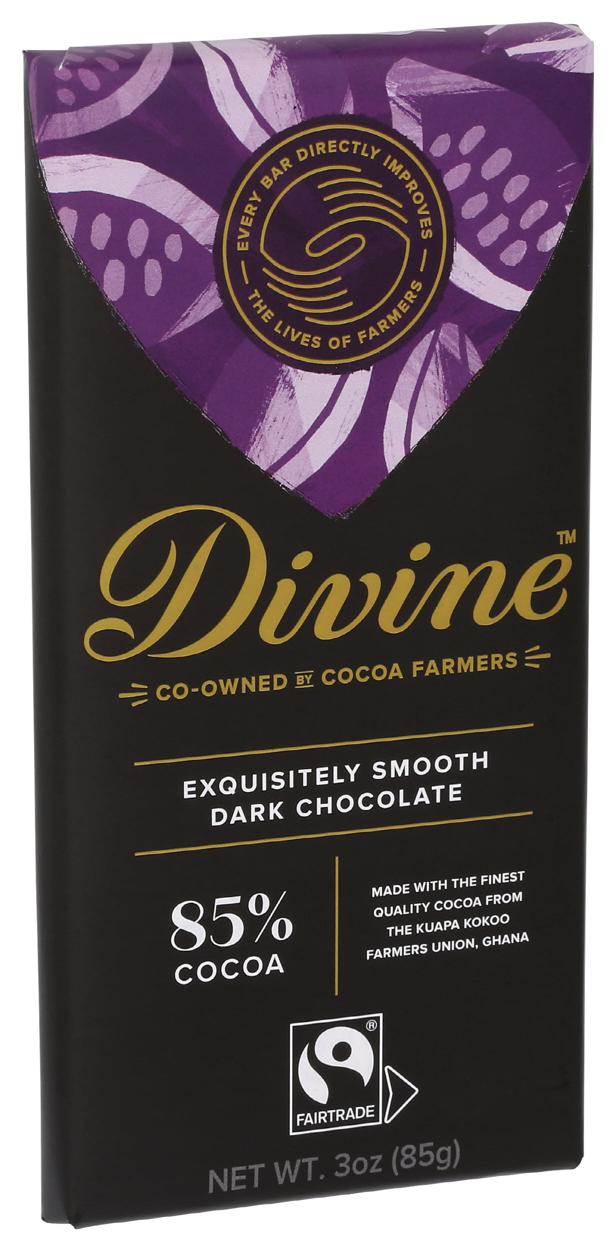 Pack of 12, Divine Chocolate 85% Exquisitely Smooth Dark Chocolate, 3 oz