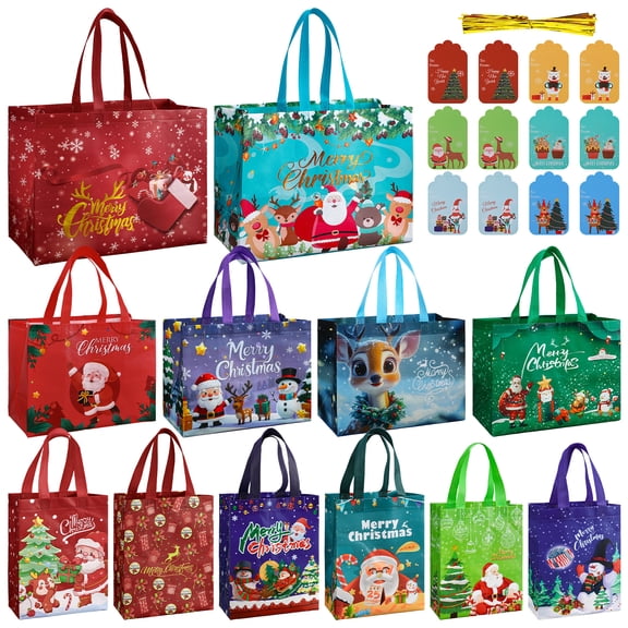 sixwipe12 Pack Christmas Gift Bags with Handles, Non-Woven Reusable Tote Bags, 4 Sizes Assorted for Xmas Party Supplies, Holiday Gift Wrap, Shopping & Treat Bags