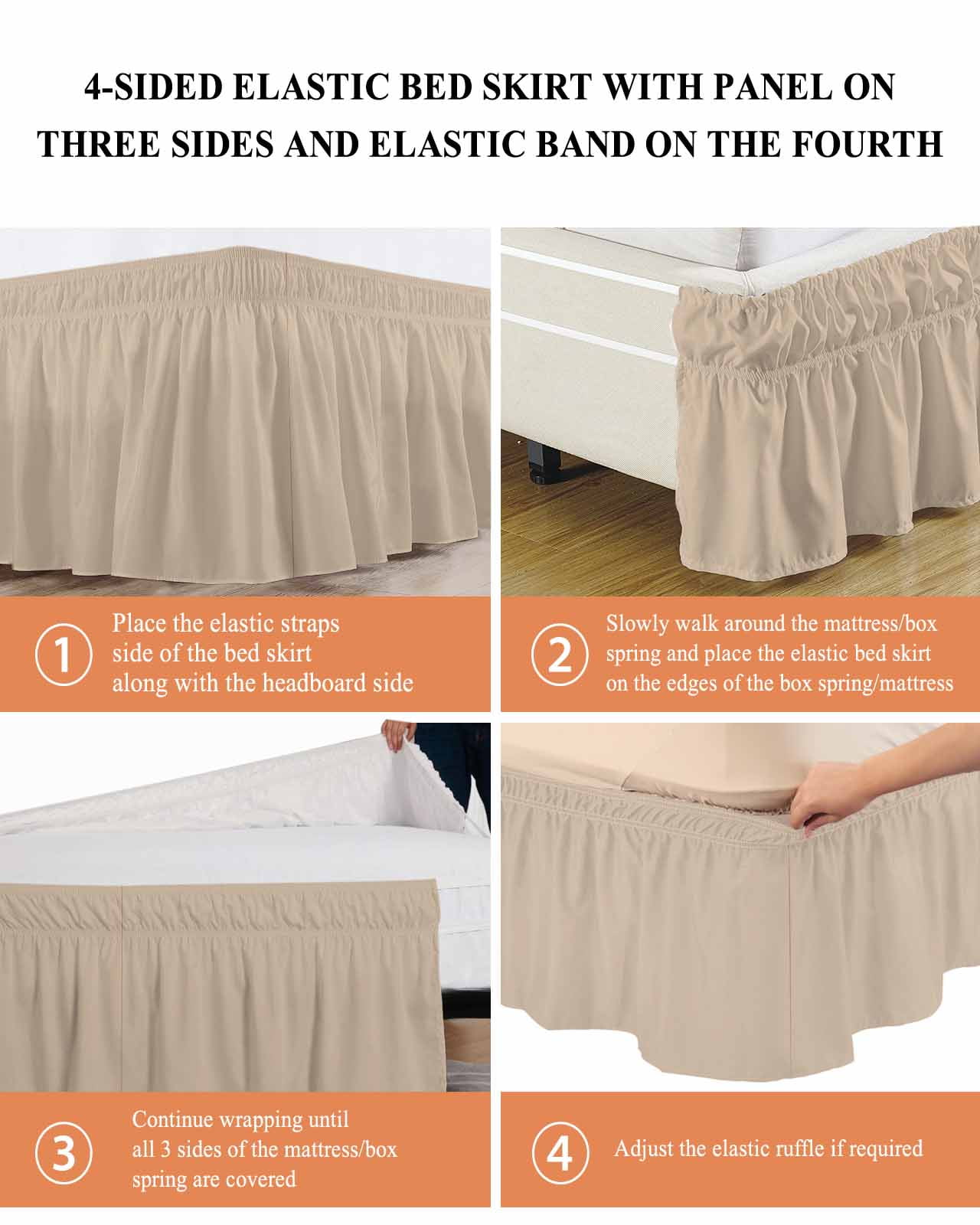 Solid Color Bed Skirt Queen Size 18" Drop Light Khaki Ruffled Wrap Around Bed Skirts Adjustable Elastic Bedskirt Dust Ruffle for Queen Size Bed