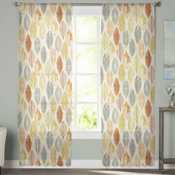 Sheer Curtains 84 inches Long, Leaves Specimens Grey Yellow Orange Burlap Background Light Filtering Sheer Window Curtains Rod Pocket Voile Drapes for Bedroom Living Room, 52"W x 84"L 2 Panels