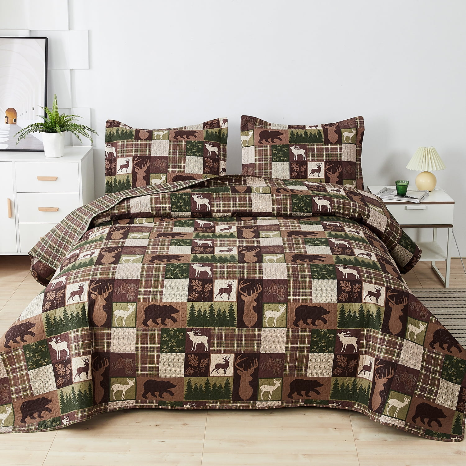Green Essen Rustic Quilt Sets Queen/Full Size Moose Bear Bedding Reversible Microfiber Bedspread Plaid Coverlet Cabin Decor