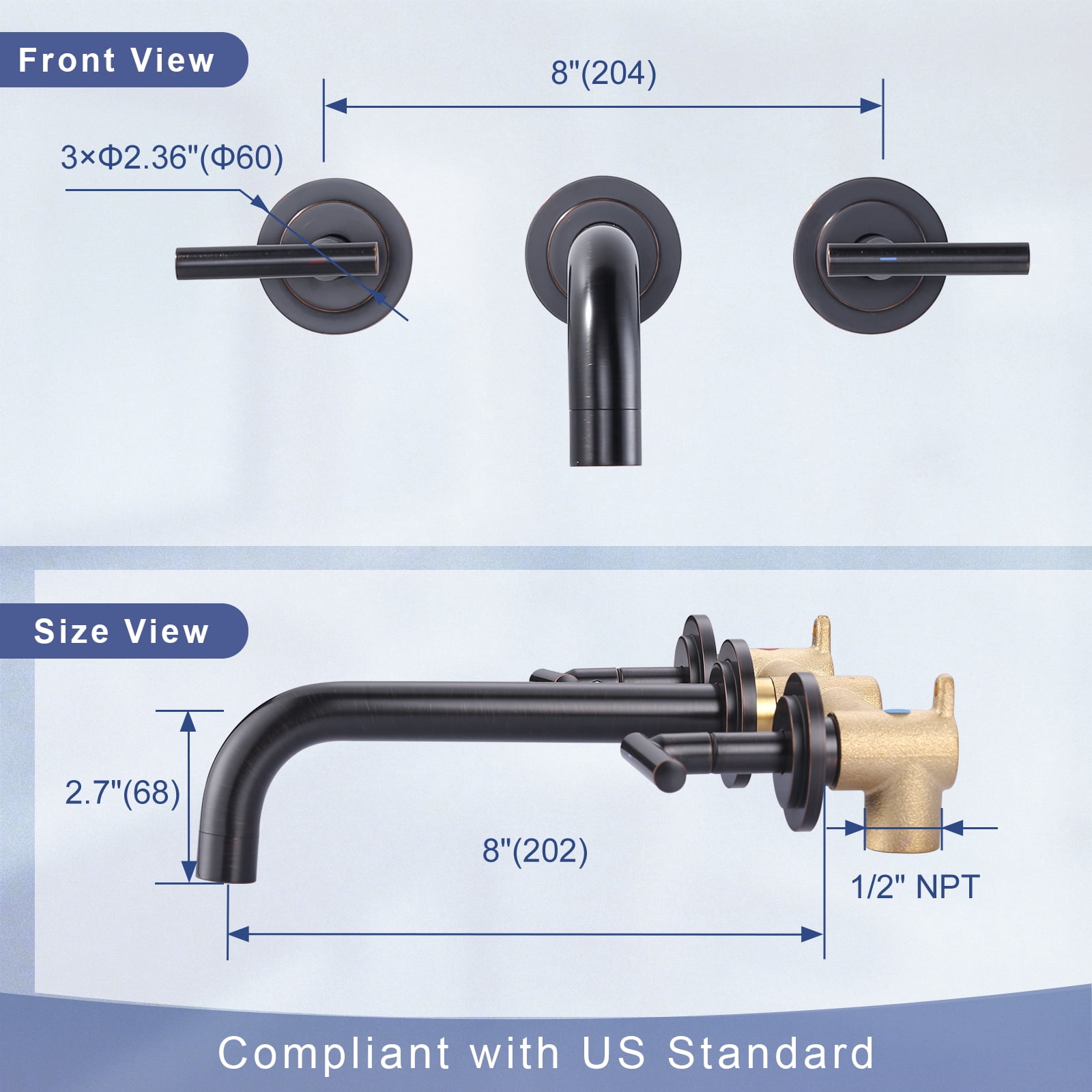 Double Handle Wall Mounted Bathroom Faucet with Rough-in Valve Included in Solid Brass Oil Rubbed Bronze