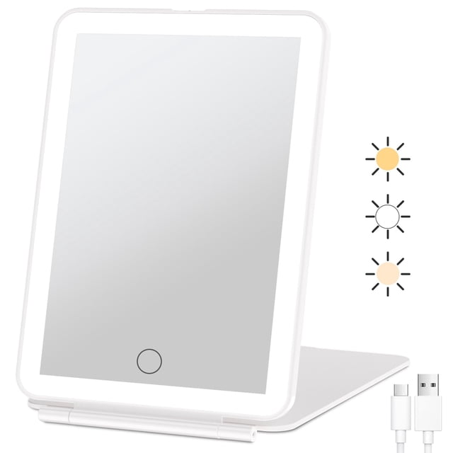 Espejo de maquillaje de viaje recargable con 72 luces LED, espejo de belleza portátil iluminado, iluminación de 3 colores, visualización táctil regulable, e
