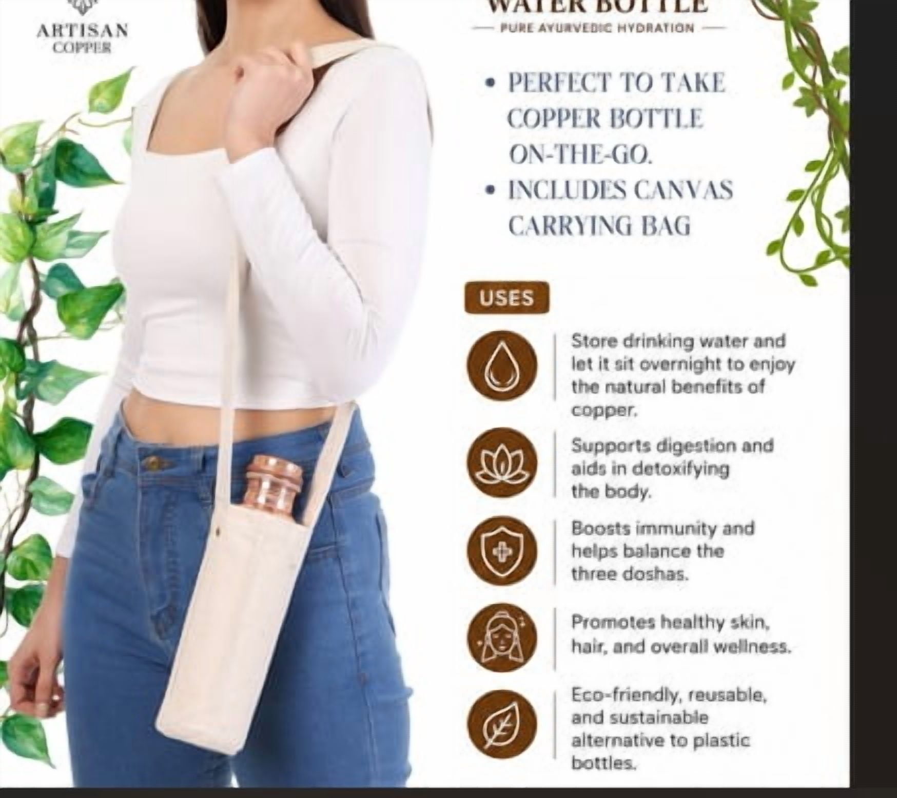 Artisan Copper 100% Pure Copper Water Bottle 32oz, Ayurvedic Drinking Bottle for Women and Men Wide Mouth Design Carrying Canvas Bag