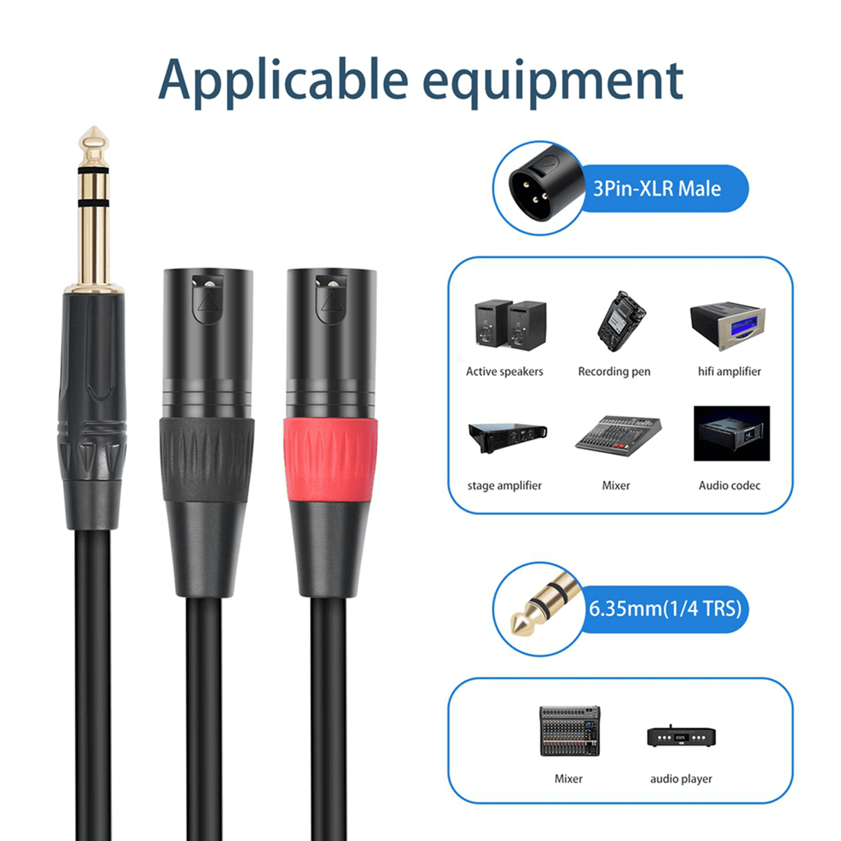 2X Jack 6.35mm 1/4 TRS Stereo to Double XLR Male Audio Cable Extension Cable Y Splitter Audio Cable 200cm,2x Audio Cable,Black