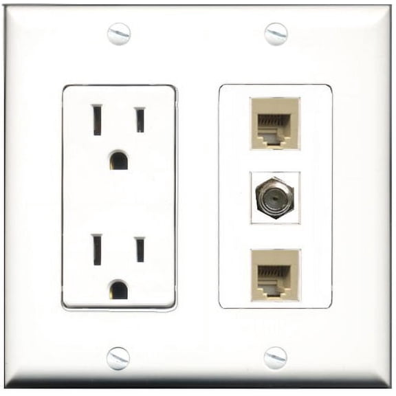RiteAV - 15 Amp Power Outlet 1 Port Coax 2 Port Phone Beige Decorative Wall Plate
