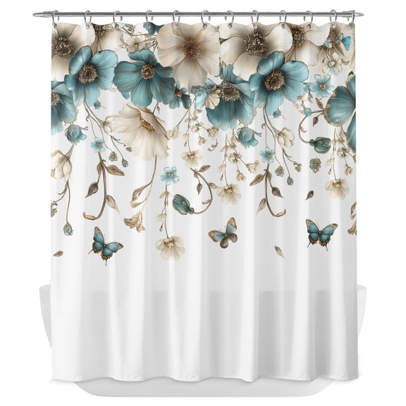 Teal Tulips Cream Shower Curtain - Water Repellent Fabric Shower Curtains Washable, Vintage Farmhouse Chic Flowers Decorative Polyester Cloth Bathroom Curtains Modern Bath Decor 72"x84"