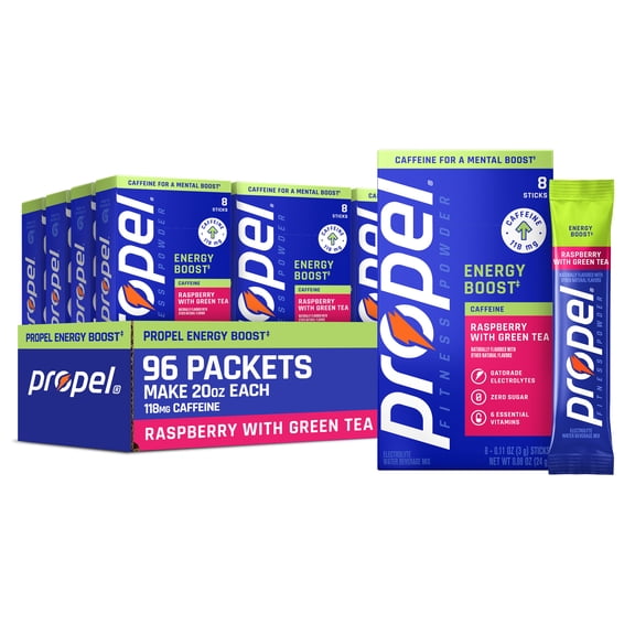 (12 pack) Propel Energy Boost Zero Sugar Raspberry Green Tea, On the Go Packs, Electrolyte Powder Drink Mix, 0.11 oz, 8 Count packets