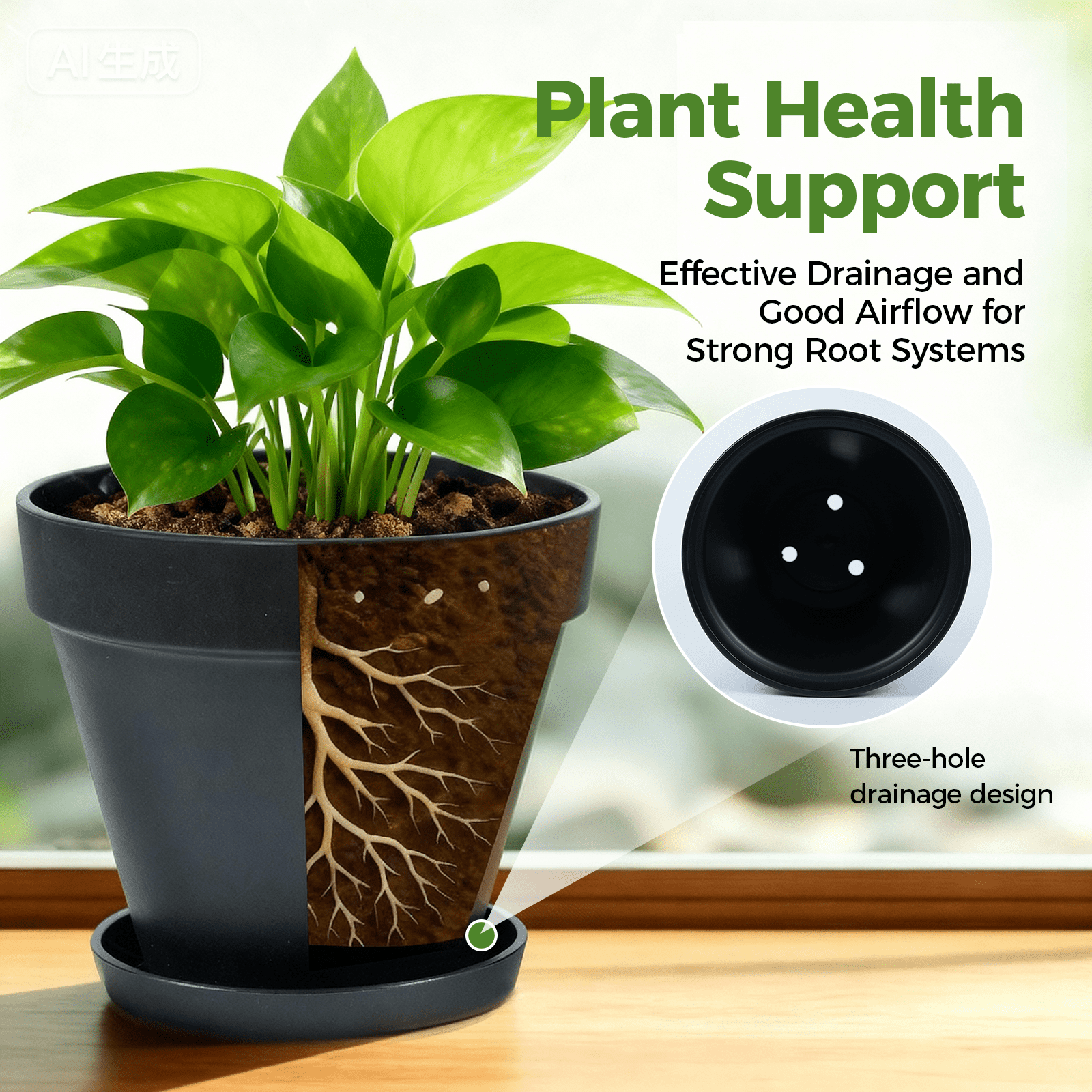 JF Black Plastic Plant Pot with Saucer, 8 Inch Modern Decorative Planter with Drainage Tray for Indoor Outdoor Plants, Flowers, Succulents, Herbs