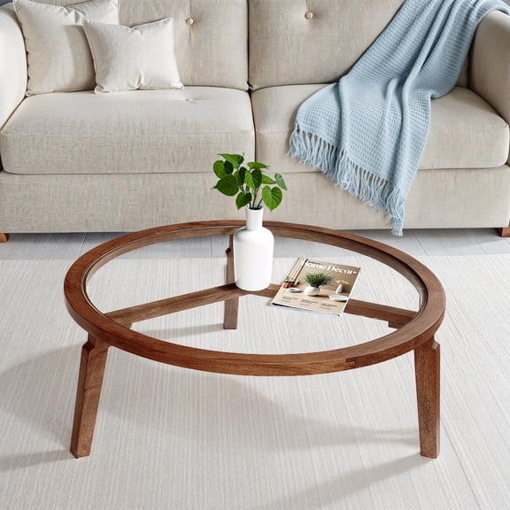 Ox Bay Morita Round Solid Hardwood and Glass Coffee Table with Natural Finish, Brown Transitional Style, 36" x 36" x 18"