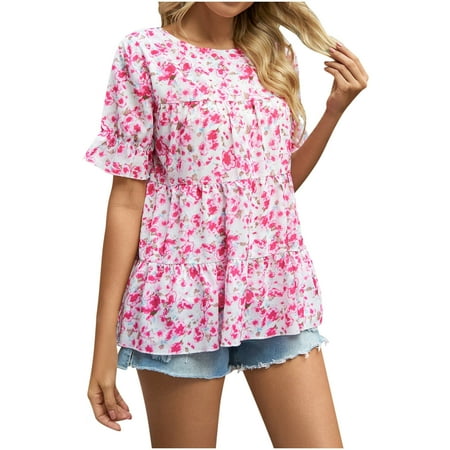 

Women Fashion Printed Casual Round Neck Short Sleeve Loose T-Shirt Blouse Tops Pink XL