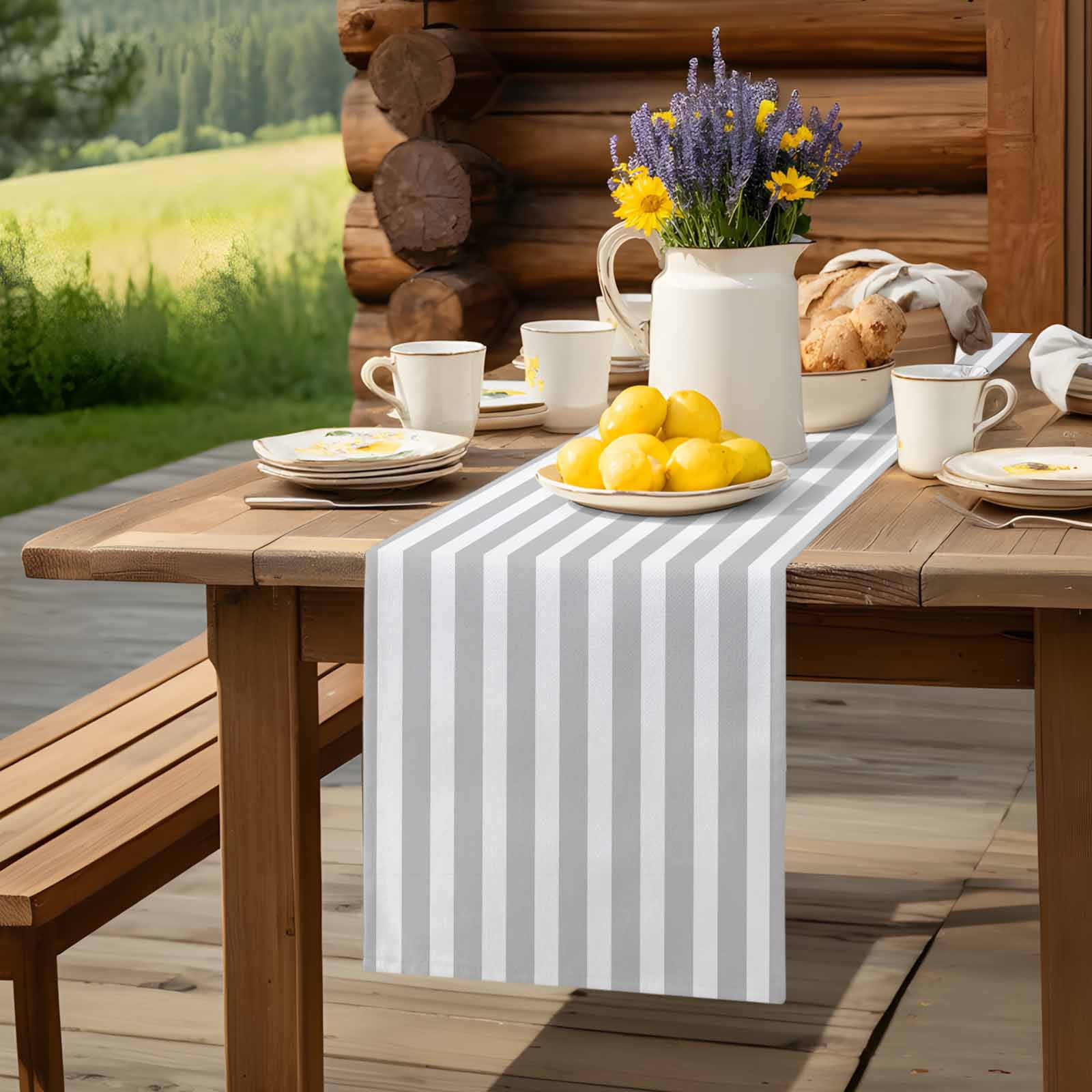 Grey Stripes White Striped Table Runner 90 Inches Long, Modern Geometric Art Table Runners Tabletop Scarf Kitchen Dining Tables Decoration for Home Party Indoor Outdoor