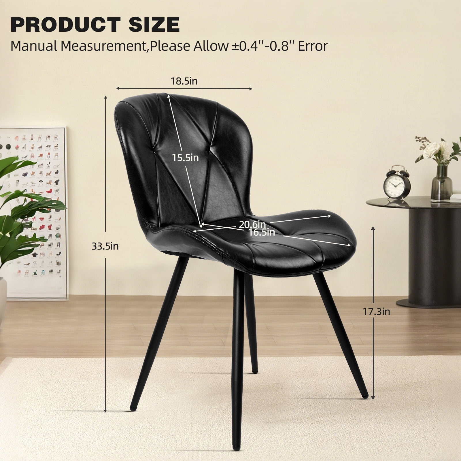 Set of 2 Black Faux Leather Dining Chairs, Ergonomic Backrest with Thick Foam Cushion, Metal Legs & FSC Frame, Scratch & Stain Resistant, 300 lbs Weight Capacity