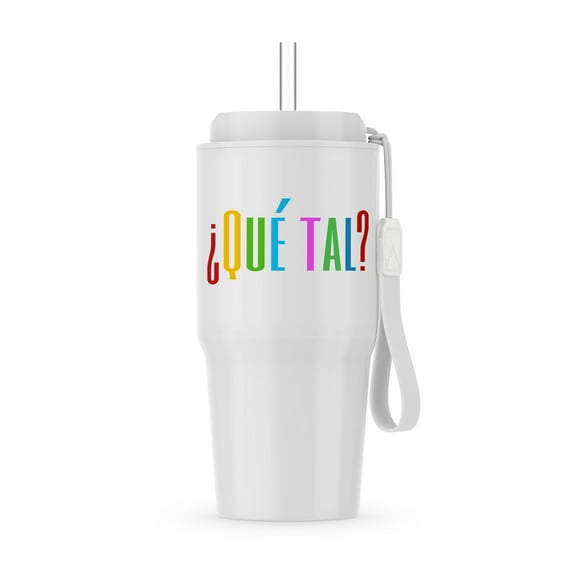 Greet People In Spanish. Colorful Words Que Tal. Funny, Positive Text, 20oz Tumbler