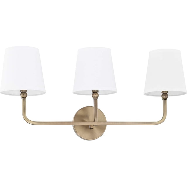 Capital Lighting 119331AD-674 Dawson - Tocador decorativo de tela blanca para baño, montaje en pared, 3 luces, 180 vatios totales, 12 pulgadas de alto x 26 pulgadas de ancho, latón envejecido