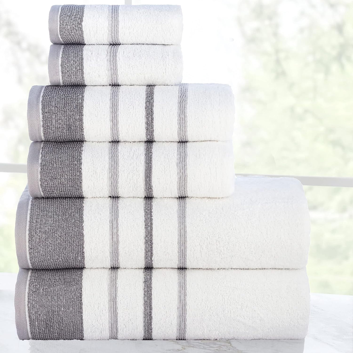 Casa Copenhagen White Bay, 6 Pieces Towel Set- White with Dark Grey Light Grey Border, 600 GSM, 2Bath, 2Hands, 2Washcloths Egyptian Cotton Towel for Hotel Spa Kitchen Bathroom Kitchen & Shower