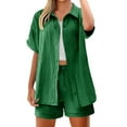 thumbnail image 3 of BLOCLOALO 2 Piece Lounge Set Short Sleeve Collared Shirts Fashion Casual Solid Color Double Layer Wrinkled Top Pants Button Down Shirts Short Matching Sets Women Clothing Soft Lounge Set Green M, 3 of 9