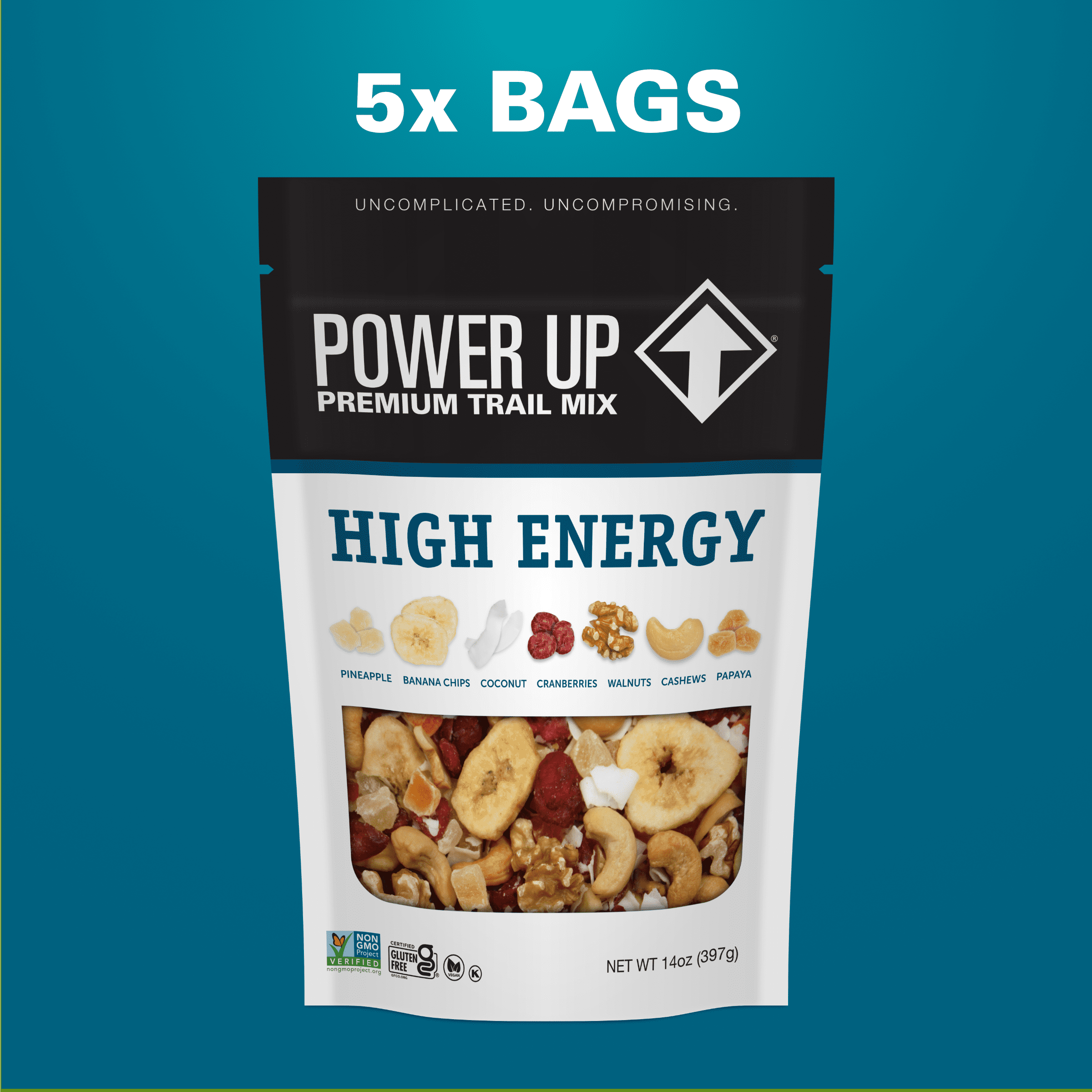 (5 pack) Power Up Trail Mix High Energy 14oz, Gluten Free, Vegan, Non-GMO