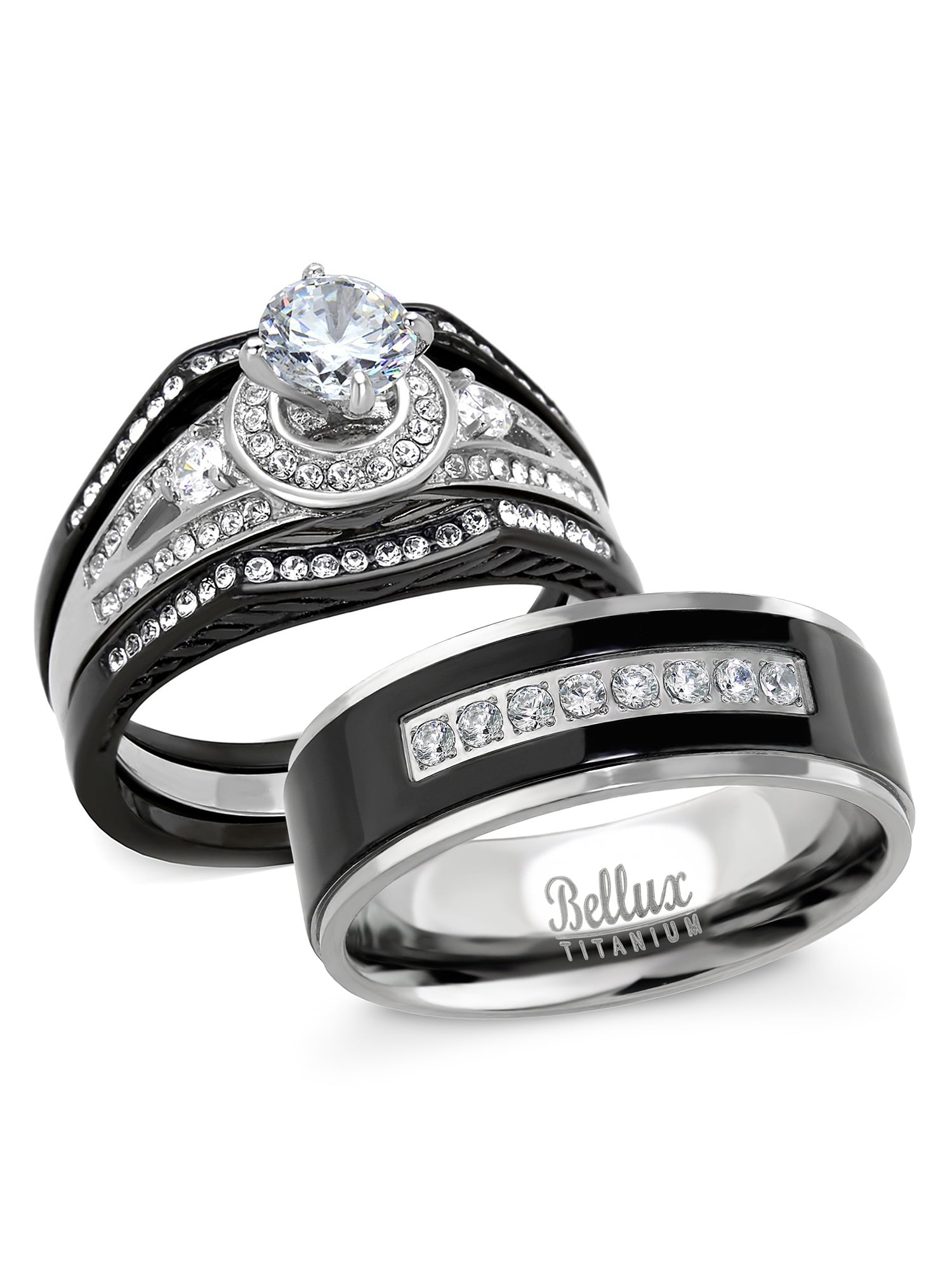 His & Hers Stainless Steel Vintage Bridal Ring Set & Mens Titanium Wedding Band 