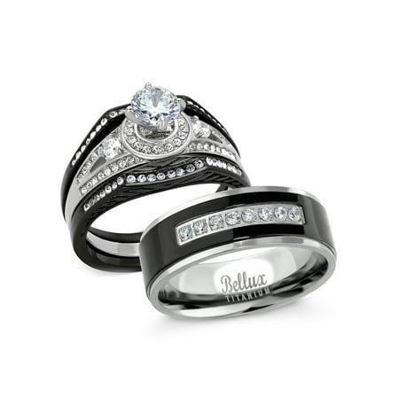 His and Hers Wedding Ring Sets Stainess Steel Vintage Style Halo Deisgn Bridal Sets Wedding Rings with Matching Wedding