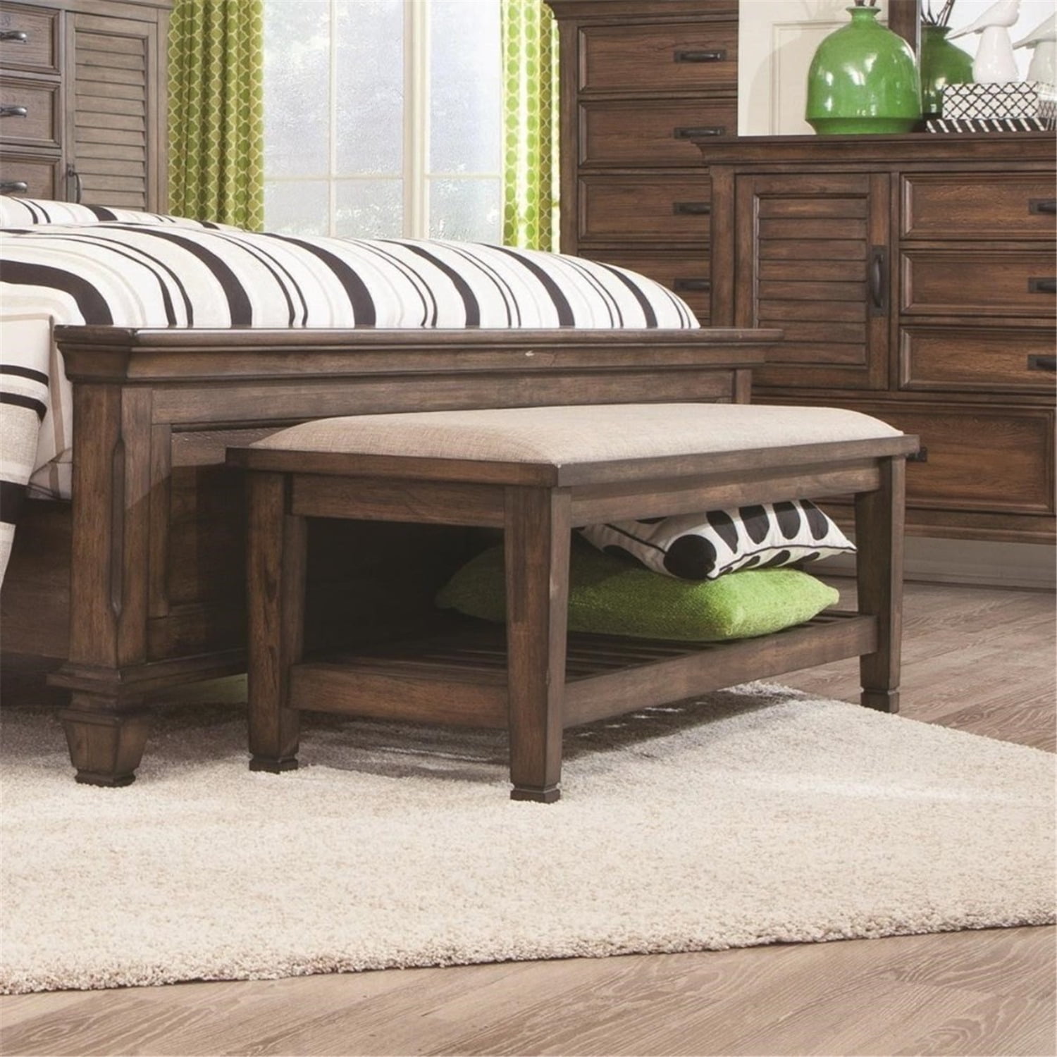 Benzara Transitional Style Wooden Bed Bench with Fabric Upholstered
