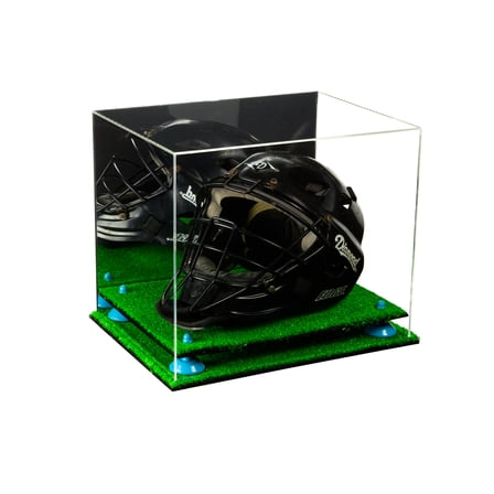 Deluxe Acrylic Catchers Helmet Display Case with Blue Risers, Mirror and Turf Base (A002-BLR)