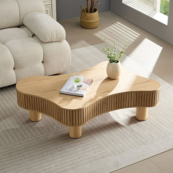 Miekor Furniture 42.52 Inch Modern Wooden Handcraft Drum Coffee Table Irregular Shaped Coffee Table for Living Room,Small Coffee Table with Sturdy Pedestal 35388