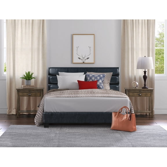 ClickDecor Hudson Leather Contemporary/Modern Linen Tufted Slat Bed, Queen, Black