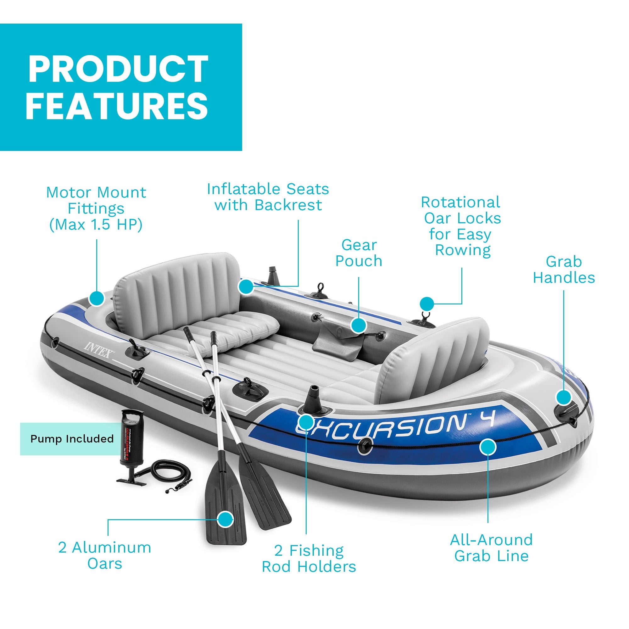 【美品】ゴムボートセット　4人乗り　Intex excursion4 Intex, Inflatable Rafting and Fishing Boat Set, 4 Person, with 2