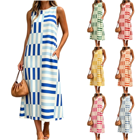 Tqcoqu Womens Summer Boho A-Line Maxi Dress Casual Color Block Sundress Sleeveless Beach Vacation Coverups
