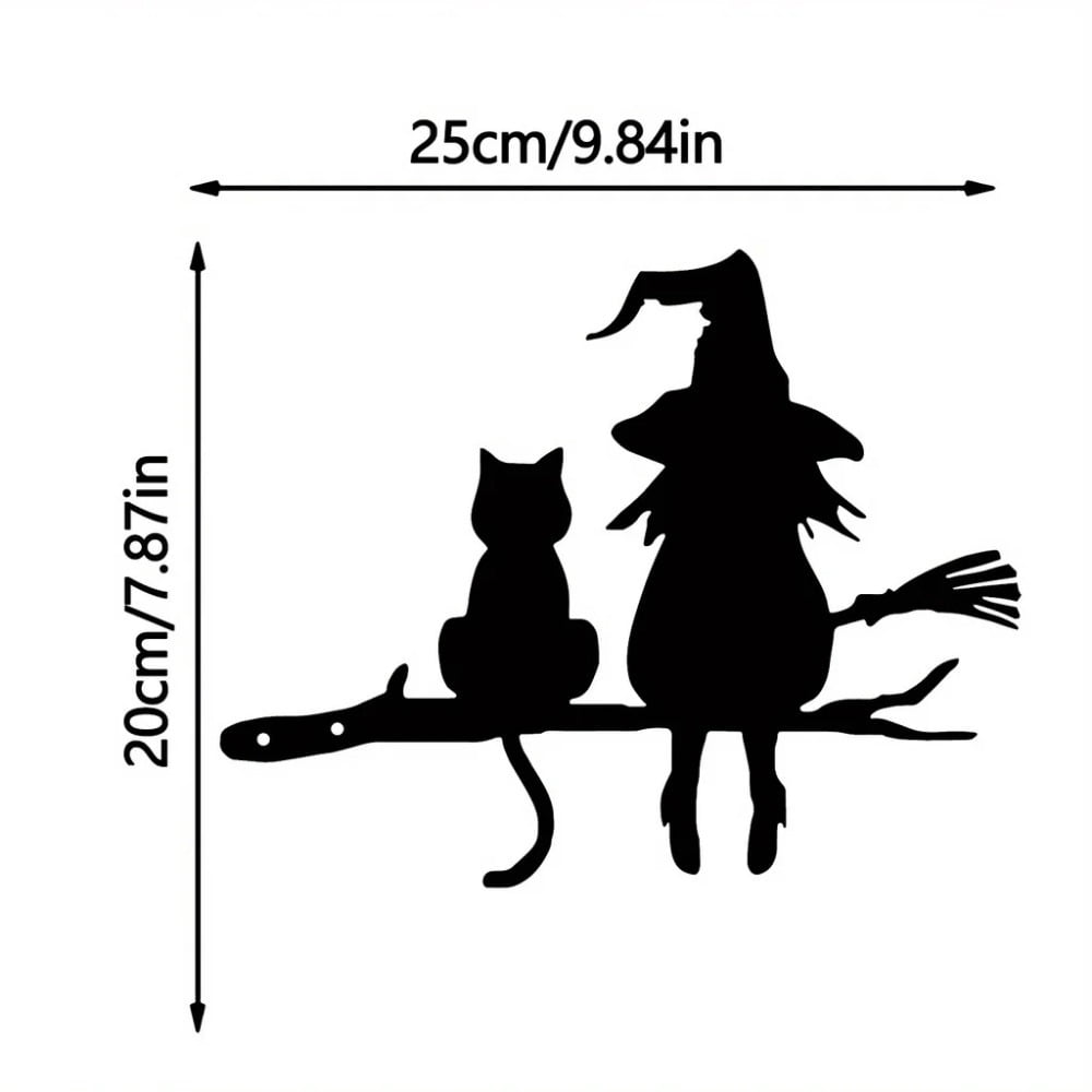 Funny Halloween Witch and Black Cat Metal Wall Art, Broom Silhouette Iron Decorative Plaque, Wall Hanging Ornament for Home Living Room Bedroom & Outdoor Patio