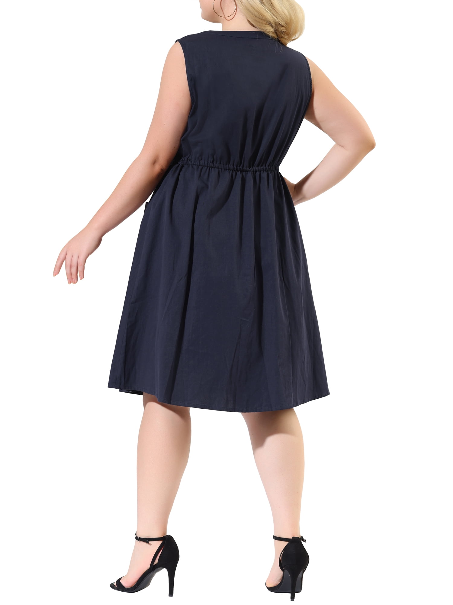 Unique Bargains Women's Plus V Neck Sleeveless Drawstring with Pocket Midi Shirtdress 3X Dark Blue