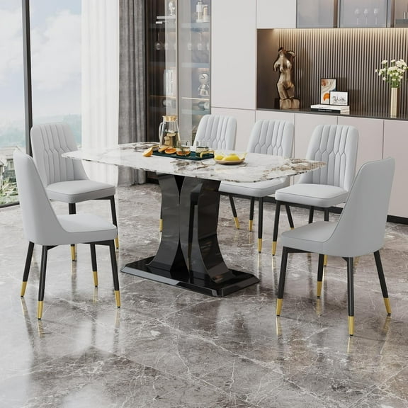 JUFU Dining Chairs Set of 6,Modern Dining Room Chairs,Faux Leather Dining Chairs with Thick Cushion and Metal Legs,Light Grey Kitchen Chairs for Dining Room Kitchen