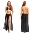 thumbnail image 5 of YiZYiF Women's Belly Dance Costume Halter Crop Top with Sequin Tassel Split Mesh Long Skirt 2Pcs Set Black A L, 5 of 6