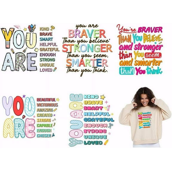 6PCS Inspirational Letters Iron on Transfer Decals for Clothing You are Kind Brave Heat Transfer Stickers Patches for DIY Clothes Transfers for Hoodies T-Shirt Decoration Applique