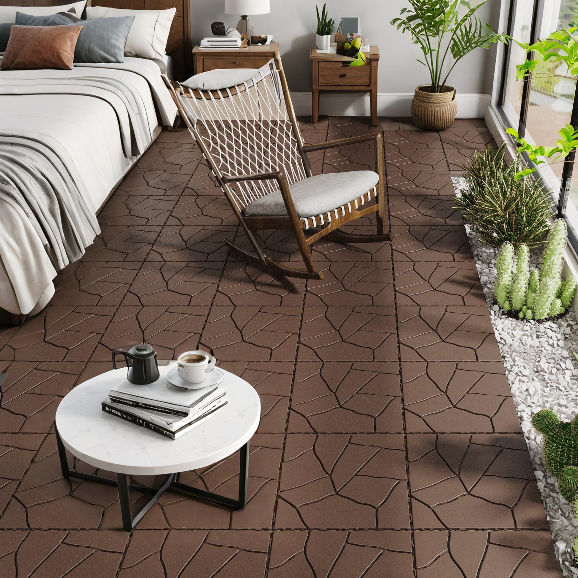 Alvantor Interlocking Deck Tiles, 44 Pack Plastic Waterproof Flooring Tiles for Outdoor & Indoor,12"x12", Red+Brown