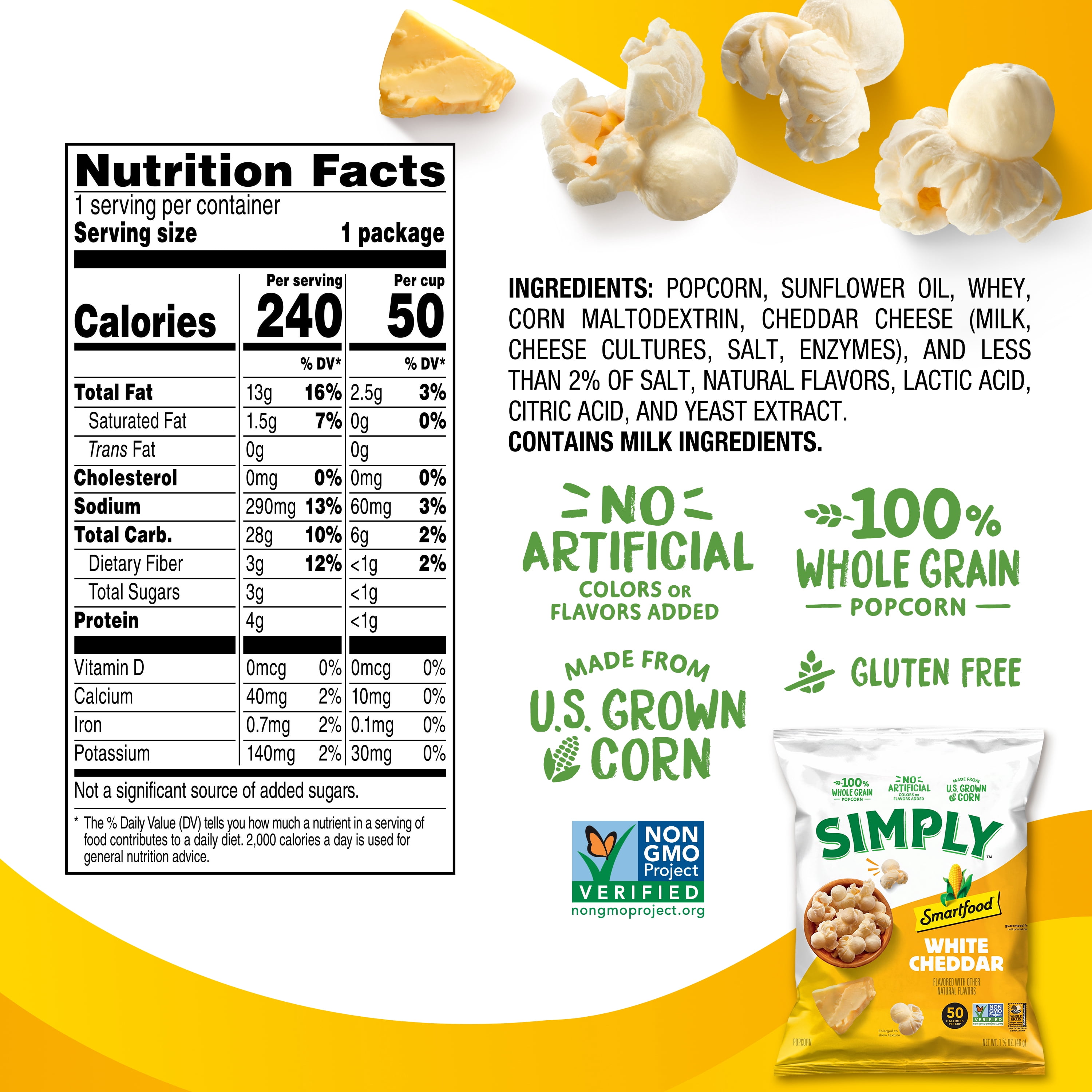(2 pack) Simply Smartfood White Cheddar Flavor Popcorn Snack Chips, 1.725oz Bag
