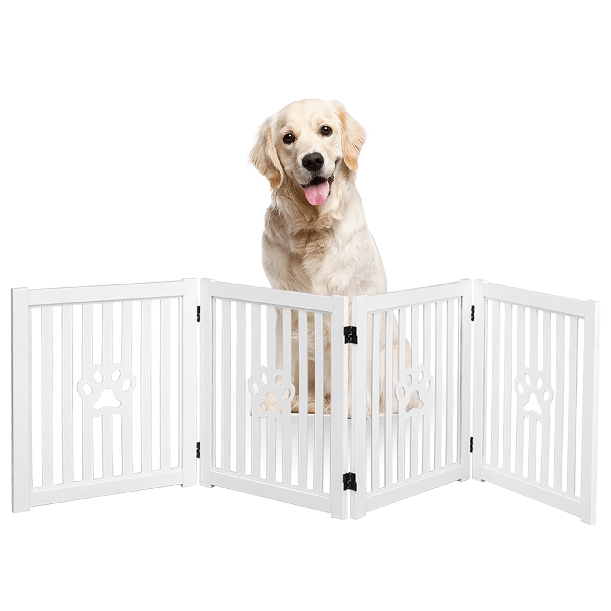 Trimate: 4 Panel Dog Gate - White - Foldable Wooden Freestanding Pet Gate, 80"L x 23.6"H, For Doorways, Halls & Stairs, 360 Degree Rotated Hinges