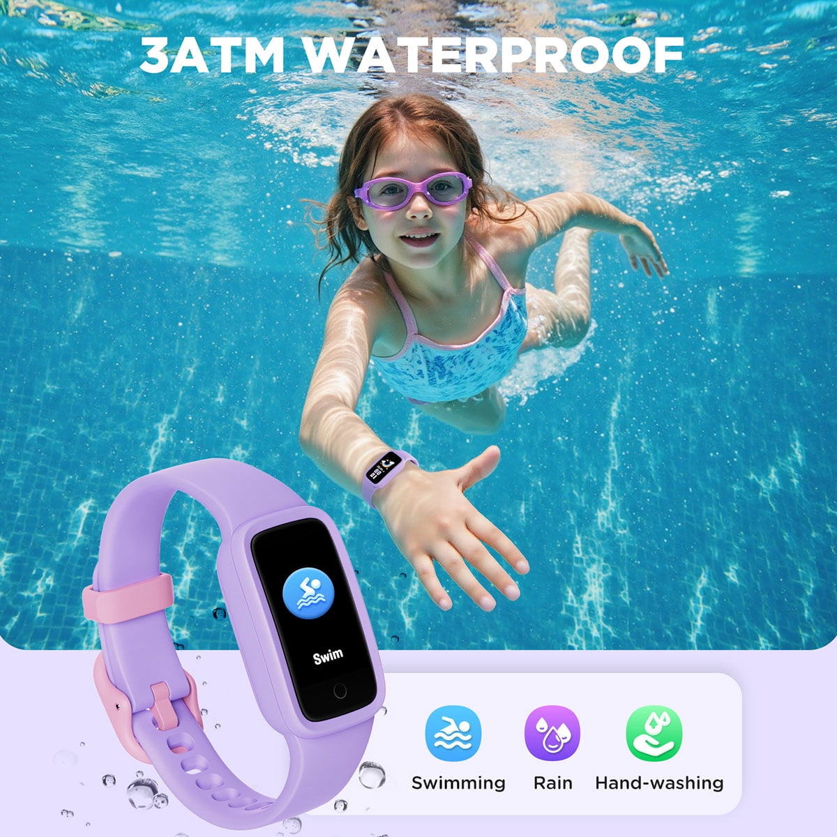 BIGGERFIVE Vigor 3 Kids Fitness Tracker Watch, AMOLED Screen, No App No Phone Needed, 3ATM Waterproof, Heart Rate and Sleep Monitor, Pedometer Watch, Sports Step Counter for Girls Ages 5-15, Lilac
