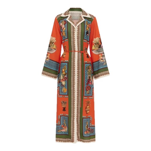 Vintage Print Shirt Dress Women Belted Button Down Midi Casual Boho Long Sleeve Dress