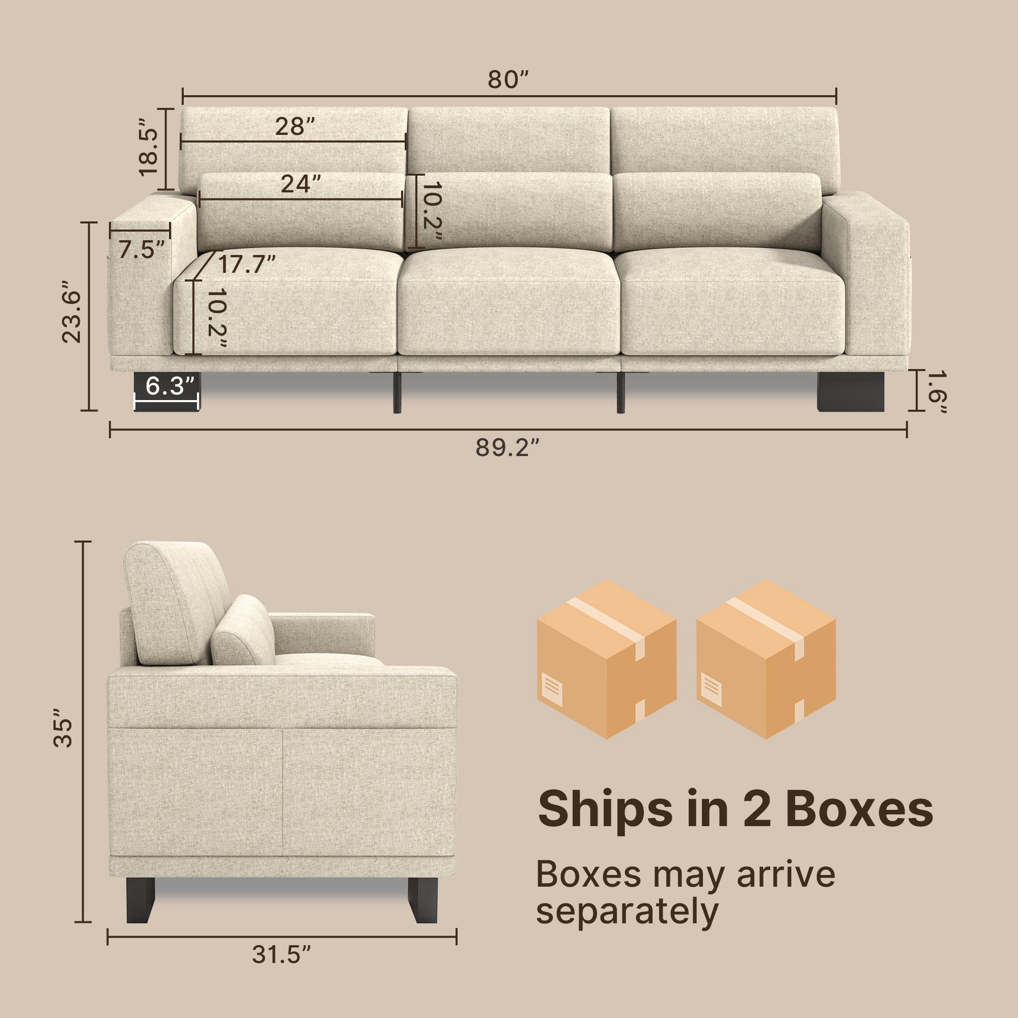 Aiho 89" Chenille Sofa 3-Seater, Pet Friendly Deep Seat Modern Couch with Wide Armrests for Living Room, Beige
